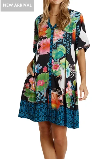 LULA LIFE Dresses-AKIKO BUTTON DRESS OCEAN