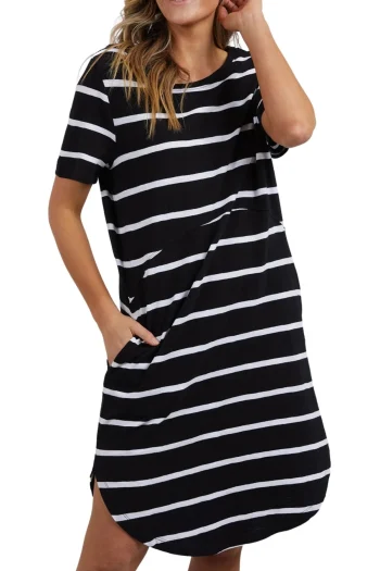 FOXWOOD Dresses-BAY STRIPE DRESS BLACK-WHITE