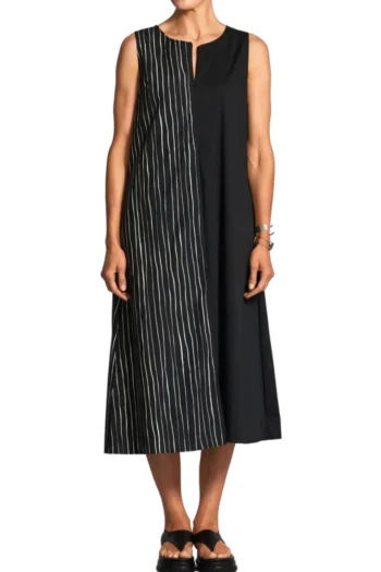 PERUZZI Dresses-BROKEN STRIPE DRESS BLACK-WHITE