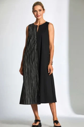 PERUZZI Dresses-BROKEN STRIPE DRESS BLACK-WHITE