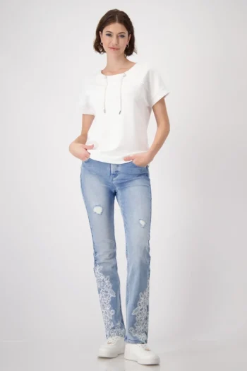 MONARI T Shirts|Tops-DRAWSTRING COLLAR TEE OFF-WHITE