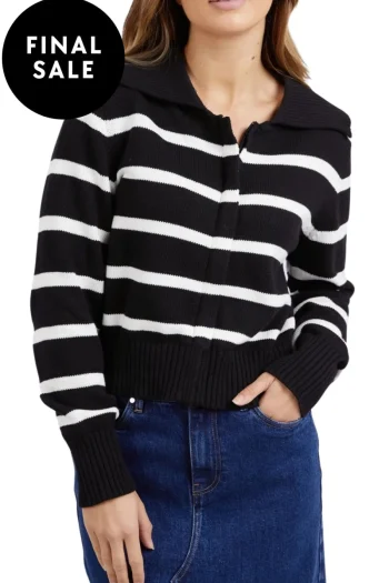 FOXWOOD Tops-EFFIE POLO KNIT BLACK-WHITE