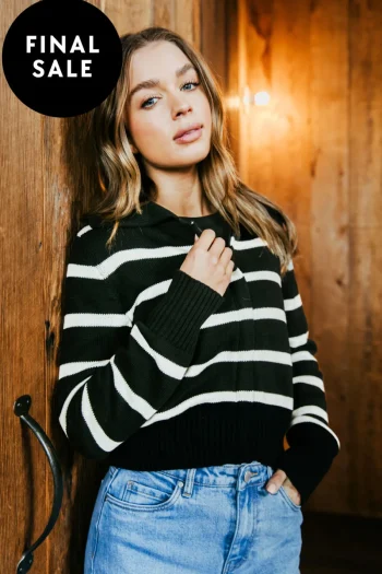 FOXWOOD Tops-EFFIE POLO KNIT BLACK-WHITE