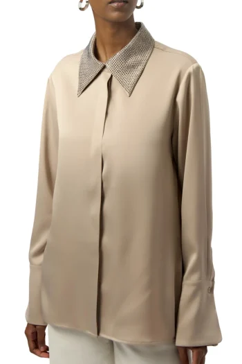 JOSEPH RIBKOFF Blouses-EMBELLISHED SATIN SHIRT FAWN