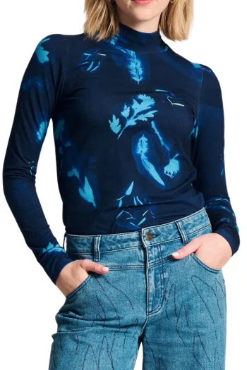 POM Tops|Winter Style-FLORAL TURTLE NECK TOP BLUE