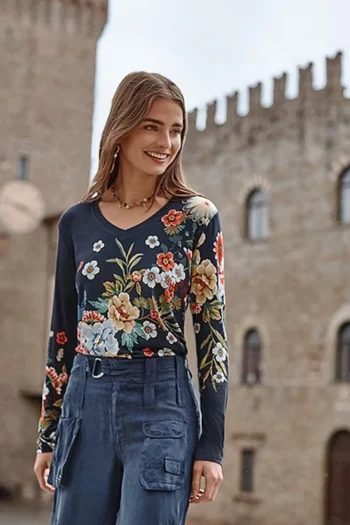 JOHNNY WAS T Shirts|Tops-JANIE L/SLV V NECK TEE ADVESTIA