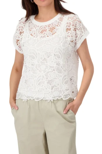 MONARI Tops-LACE TEE CREAM