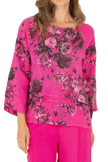 MADE IN ITALY Tops-LINEN FLORAL TOP SANGRIA-BLOOMS