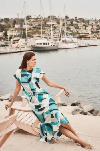 JOSEPH RIBKOFF Dresses-SATIN GEO PRINT DRESS GREEN-WHITE