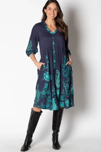 LULA SOUL Dresses|Winter Style-SEVILLE BUTTON MIDI NAVY