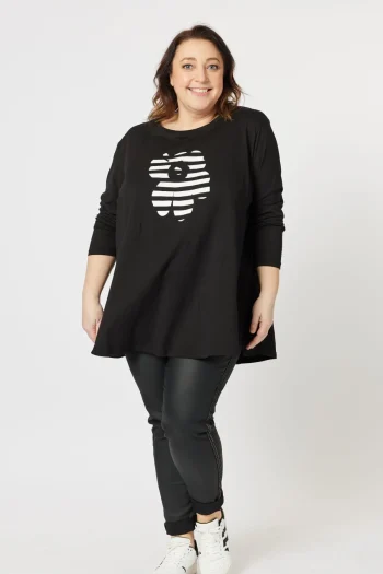 CLARITY Tops-STRIPE DAISY T-SHIRT BLACK