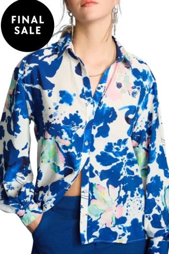 POM Blouses-VIOLET CRANE BIRDS BLOUSE BLUE