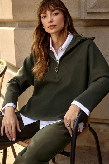 JOSEPH RIBKOFF Jumpers|Winter Style-ZIPPED COLLAR KNIT AVOCADO